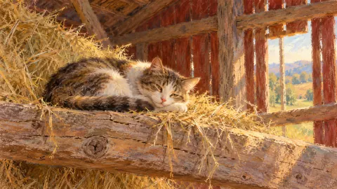 Barn cat curled on a hay loft beam – chalk pastel study Frame TV art