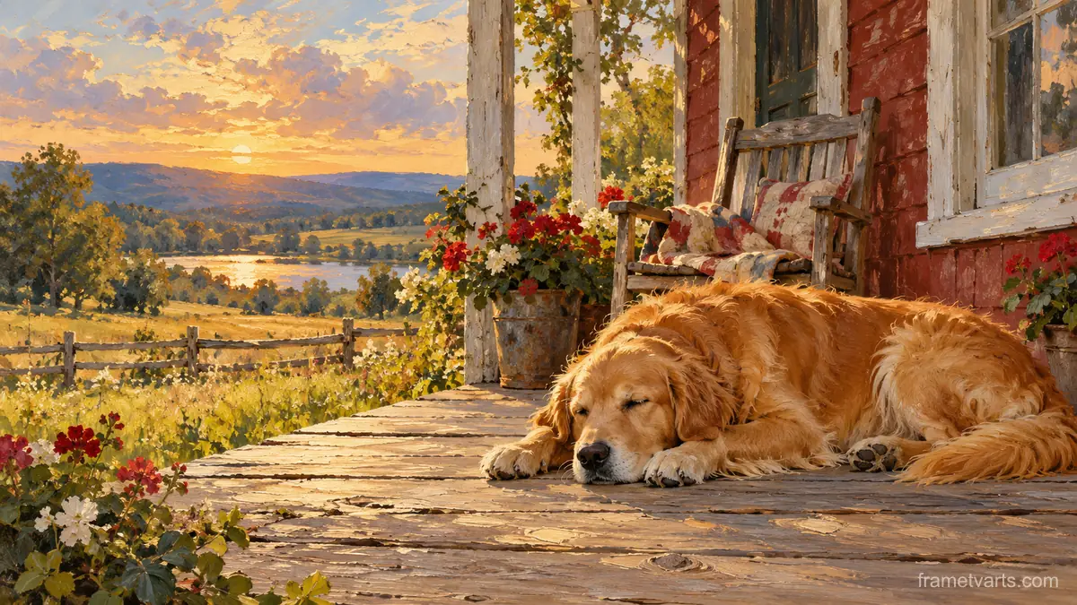 Golden retriever asleep on a farmhouse porch – impressionist oil painting Samsung Frame TV art, 4K