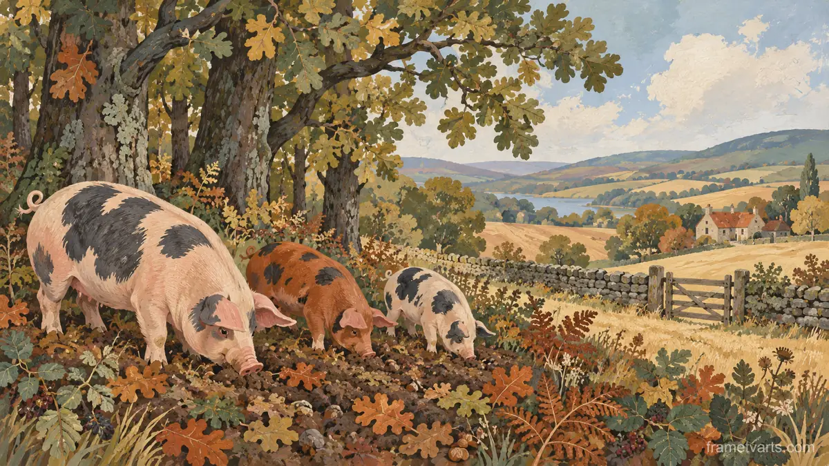 Pigs rooting at the edge of an oak wood – decorative folk gouache Samsung Frame TV art, 4K