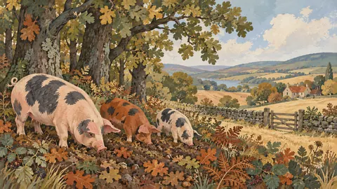 Pigs rooting at the edge of an oak wood – decorative folk gouache Frame TV art