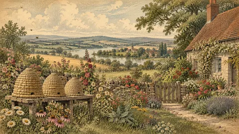 Bee skeps beside a cottage garden – vintage plate engraving Frame TV art