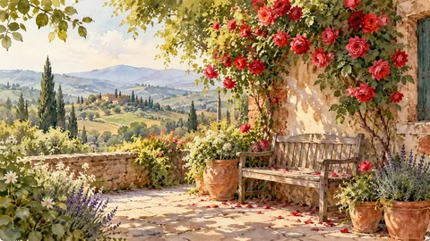 Rustic wooden bench under a climbing rose – loose watercolor Frame TV art