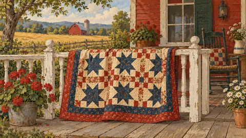 Farmhouse quilt draped over a porch rail – americana folk painting Frame TV art