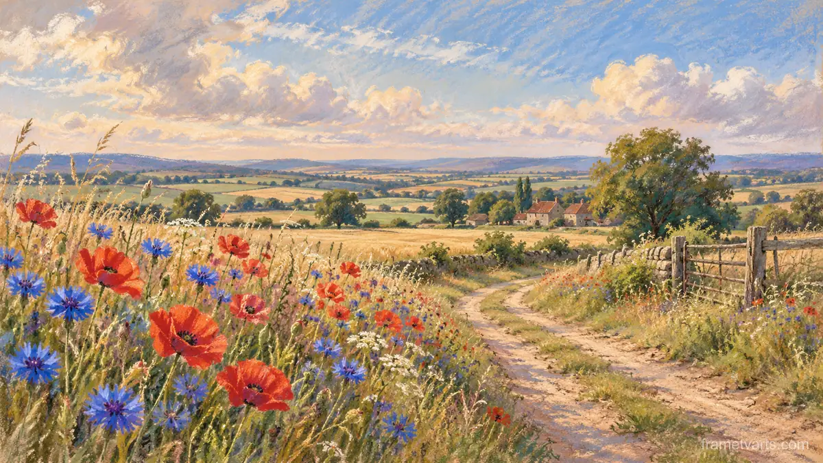 Cornflowers and poppies along a farm track – soft pastel drawing Samsung Frame TV art, 4K