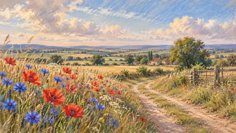Cornflowers and poppies along a farm track – soft pastel drawing Frame TV art