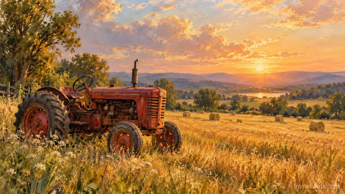 Tractor in a field at golden hour – impressionist oil painting Samsung Frame TV art, 4K