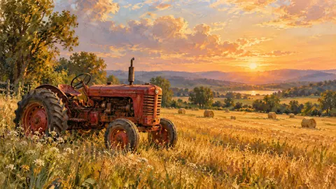 Tractor in a field at golden hour – impressionist oil painting Frame TV art