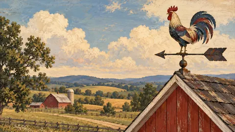 Weathervane rooster on a barn roof against clouds – americana folk painting Frame TV art