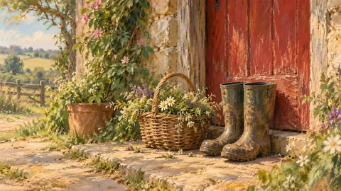 Muddy boots and a basket by a farmhouse door – soft pastel drawing Frame TV art