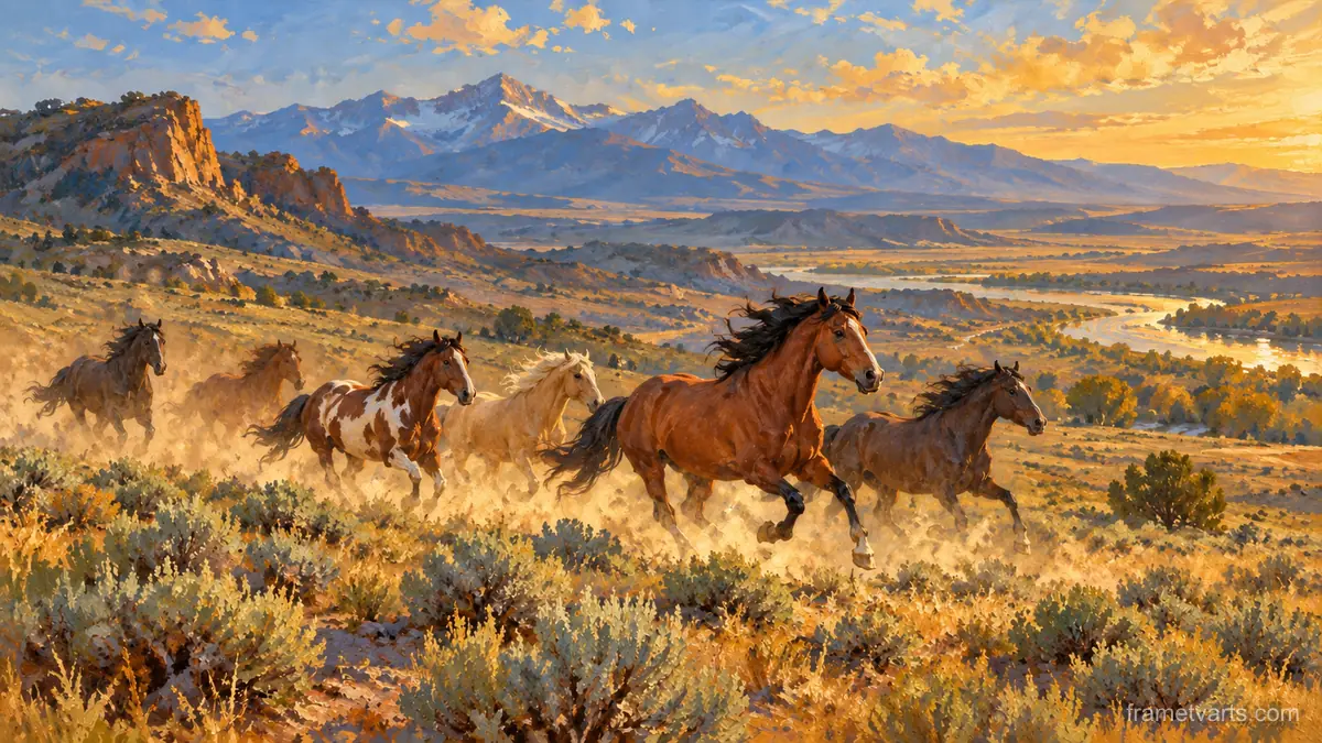 Wild mustangs galloping across a sagebrush plain – classic western oil painting Samsung Frame TV art, 4K