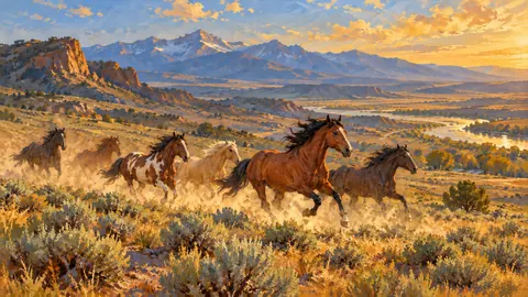 Wild mustangs galloping across a sagebrush plain – classic western oil painting Frame TV art