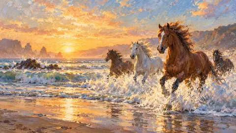 Wild horses running through surf at dawn – impressionist oil painting Frame TV art