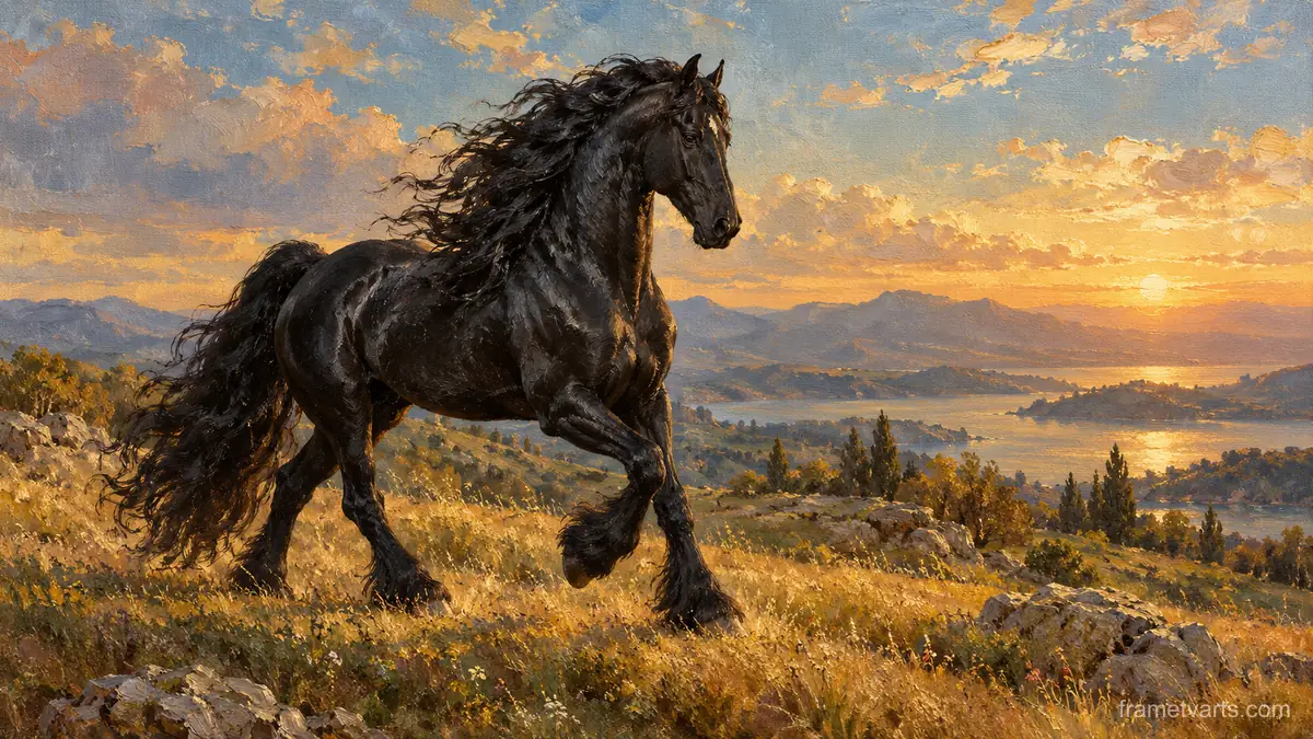 Friesian horse in black against a dark background – tonal oil painting Samsung Frame TV art, 4K