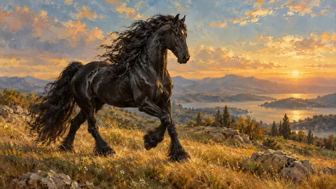 Friesian horse in black against a dark background – tonal oil painting Frame TV art