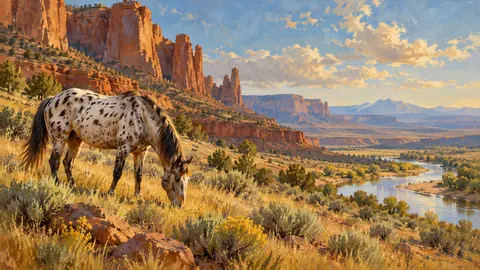 Appaloosa grazing below red-rock cliffs – classic western oil painting Frame TV art