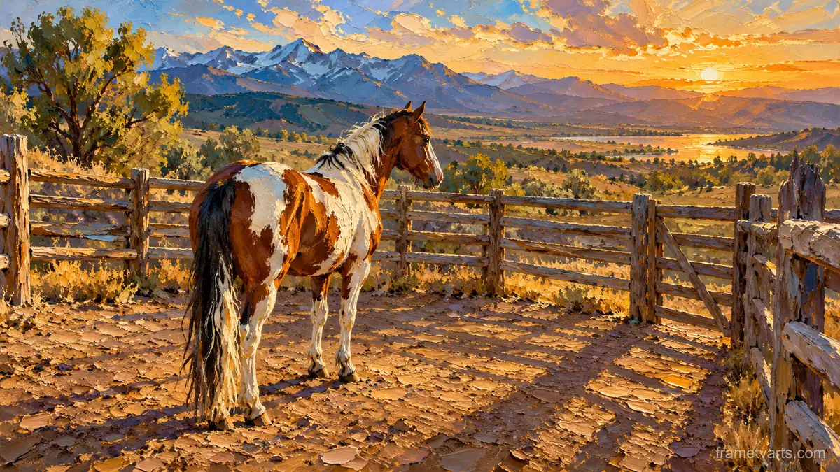 Paint horse in a corral at golden hour – expressive palette-knife painting Samsung Frame TV art, 4K