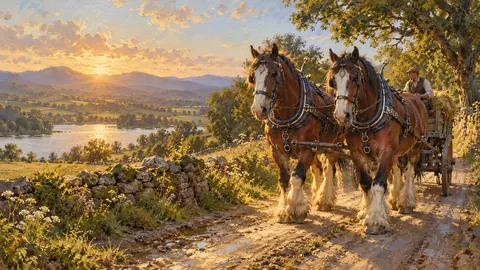 Clydesdales in harness on a country lane – atmospheric oil painting Frame TV art