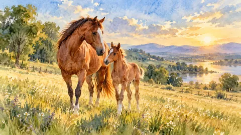 Mare and foal in a sunlit pasture – elegant watercolor Frame TV art