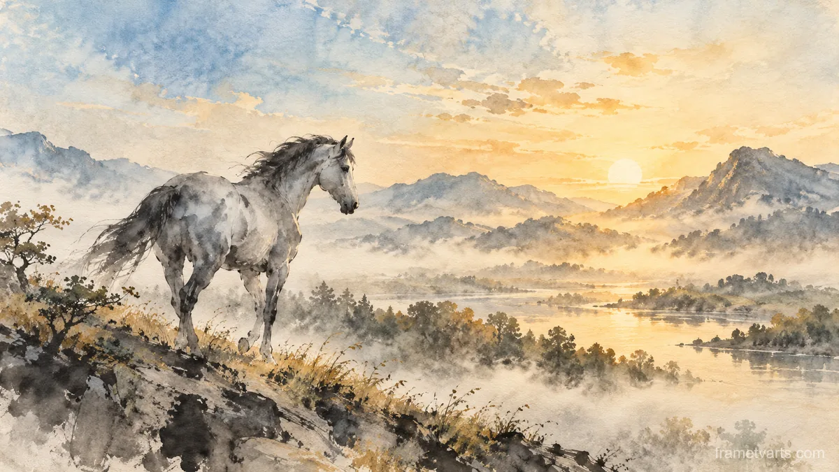 Grey horse in morning mist – zen sumi-e ink wash Samsung Frame TV art, 4K