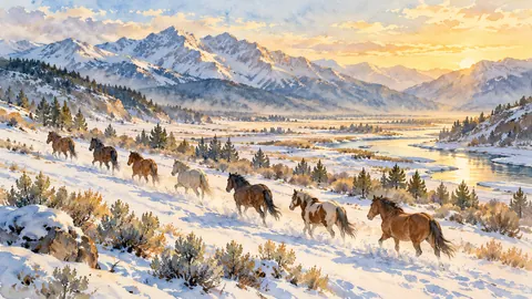 Horse herd in a snowy valley – loose watercolor Frame TV art