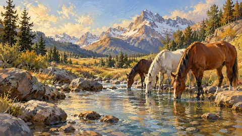 Horses drinking at a mountain stream – impressionist oil painting Frame TV art
