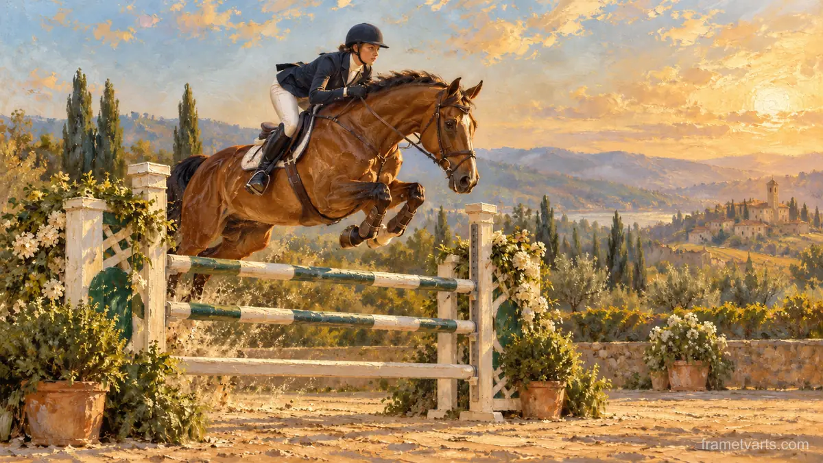 Show jumper clearing a fence – atmospheric oil painting Samsung Frame TV art, 4K