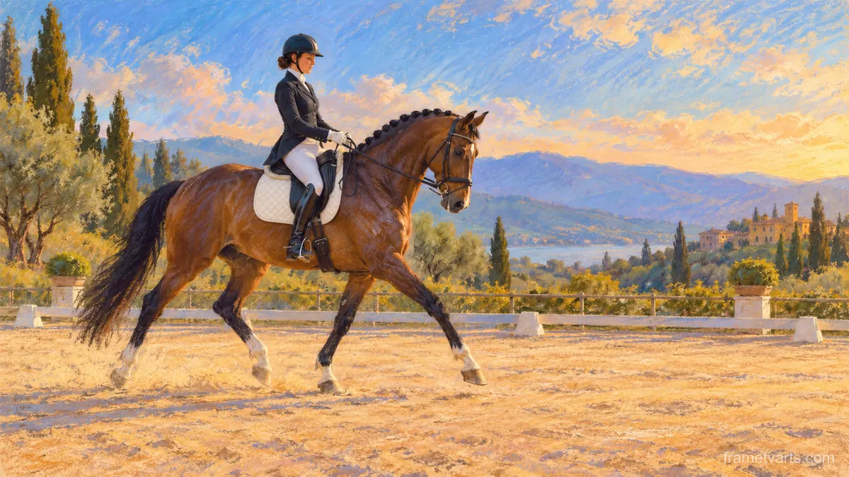 Dressage horse and rider in a sand arena – soft pastel drawing Samsung Frame TV art, 4K