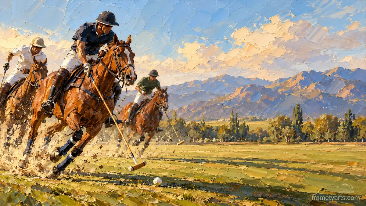 Polo ponies in mid-gallop – expressive palette-knife painting Samsung Frame TV art, 4K