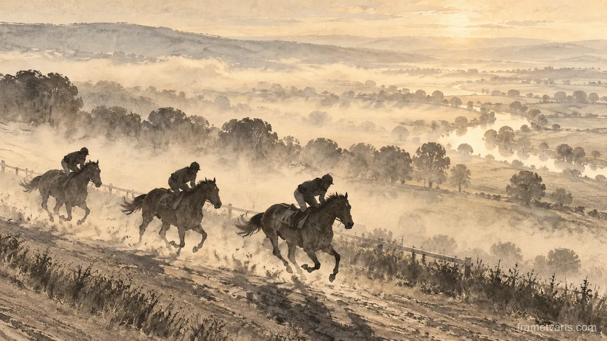 Racehorses on a misty morning gallop – monochrome minimalist abstraction Samsung Frame TV art, 4K