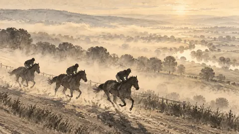 Racehorses on a misty morning gallop – monochrome minimalist abstraction Frame TV art