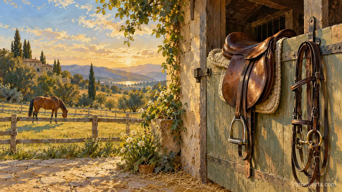 Equestrian saddle and bridle on a stable door – tonal oil painting Samsung Frame TV art, 4K