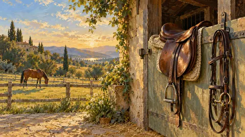 Equestrian saddle and bridle on a stable door – tonal oil painting Frame TV art