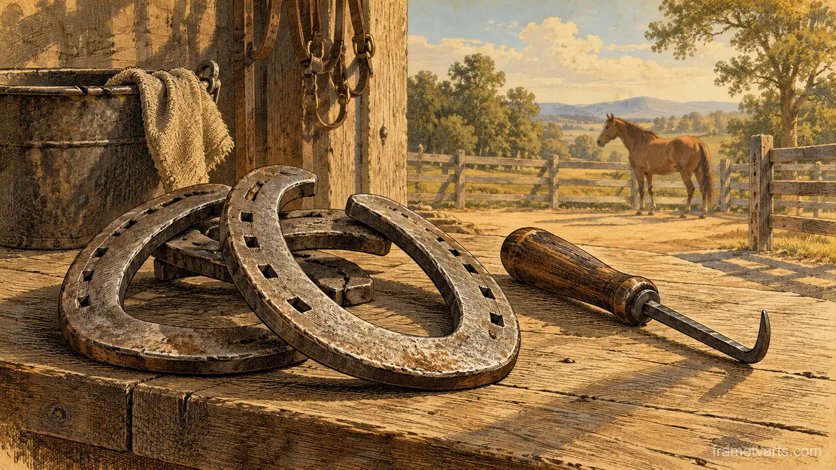 Horseshoes and a hoof pick on a workbench – vintage plate engraving Samsung Frame TV art, 4K