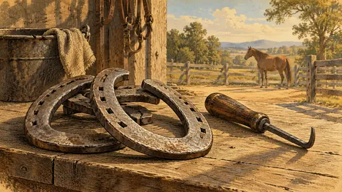 Horseshoes and a hoof pick on a workbench – vintage plate engraving Frame TV art