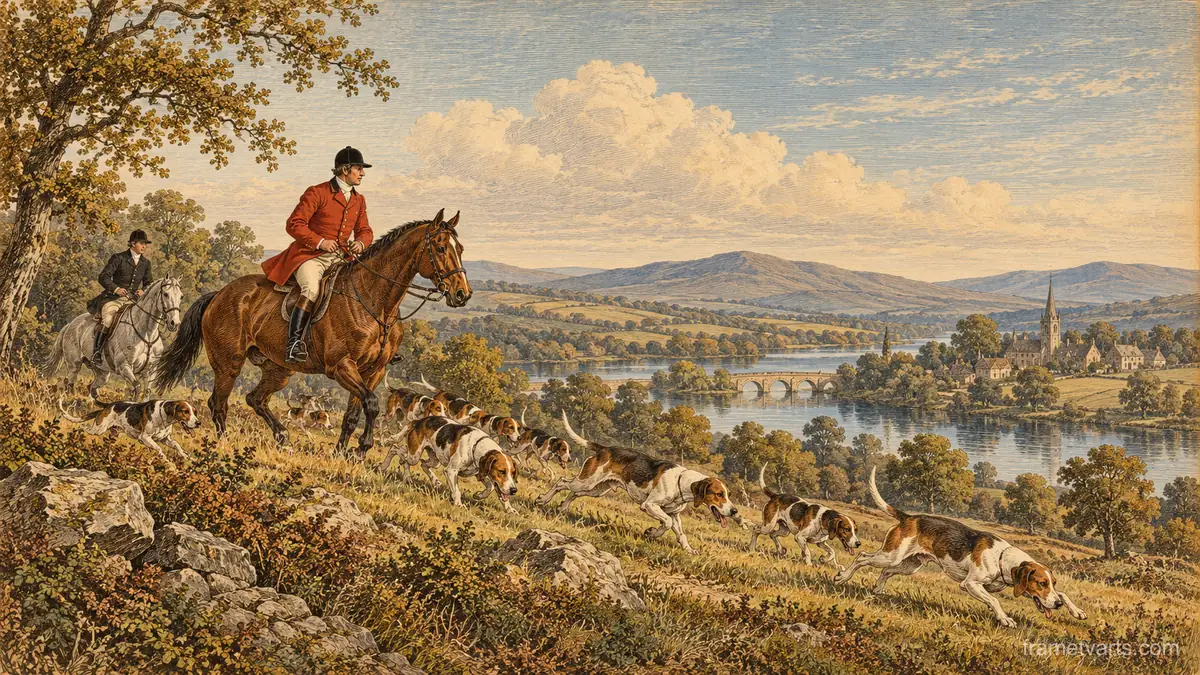 Vintage equestrian engraving of a hunter and hounds – vintage plate engraving Samsung Frame TV art, 4K
