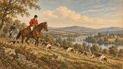 Vintage equestrian engraving of a hunter and hounds – vintage plate engraving Frame TV art