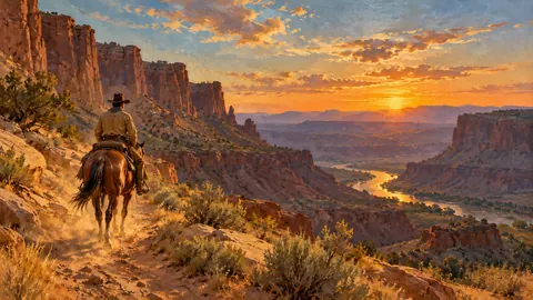 Cowboy riding into a canyon at sunset, seen from behind – classic western oil painting Frame TV art