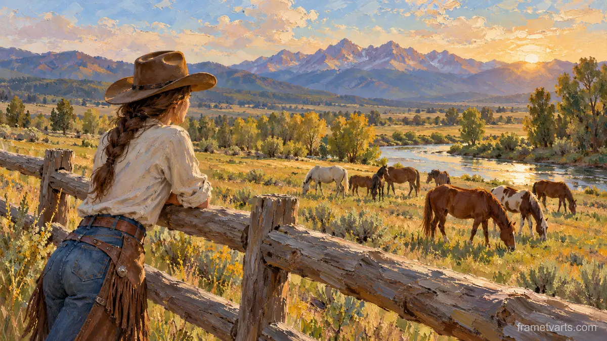 Cowgirl leaning on a fence watching horses – impressionist oil painting Samsung Frame TV art, 4K