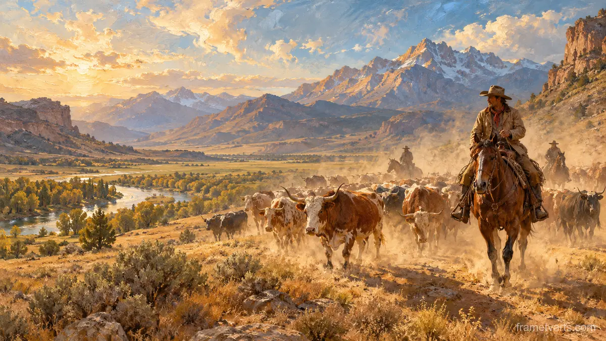 Cattle drive across a dusty valley – classic western oil painting Samsung Frame TV art, 4K