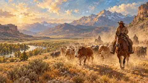 Cattle drive across a dusty valley – classic western oil painting Frame TV art