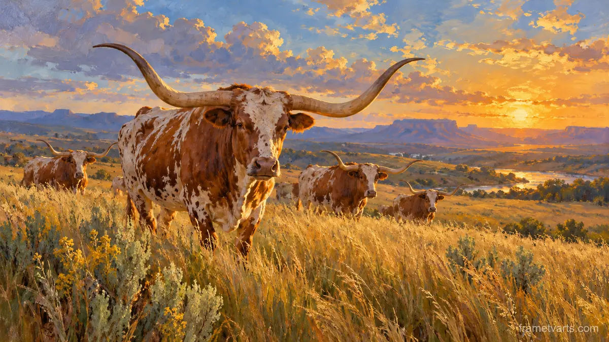 Longhorn cattle in tall prairie grass – atmospheric oil painting Samsung Frame TV art, 4K
