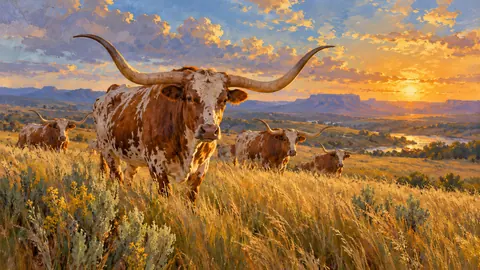 Longhorn cattle in tall prairie grass – atmospheric oil painting Frame TV art