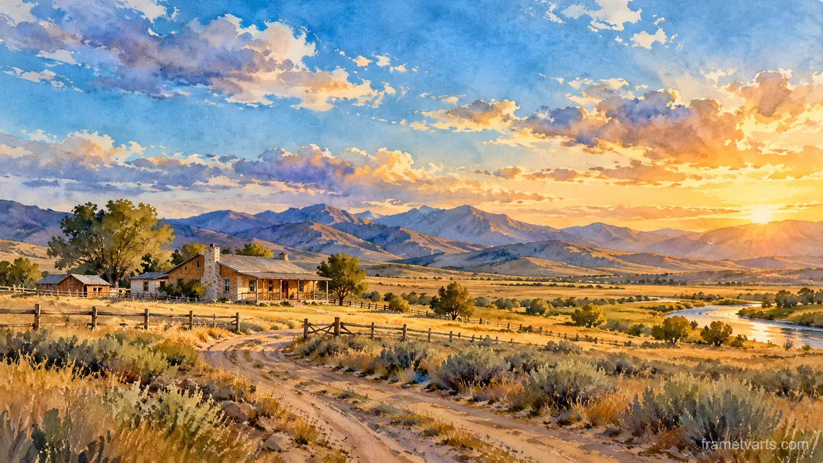 Ranch house under a big sky – loose watercolor Samsung Frame TV art, 4K