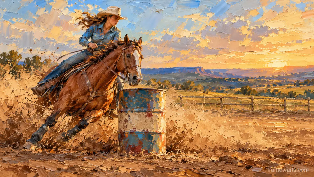 Barrel racer kicking up dust – expressive palette-knife painting Samsung Frame TV art, 4K