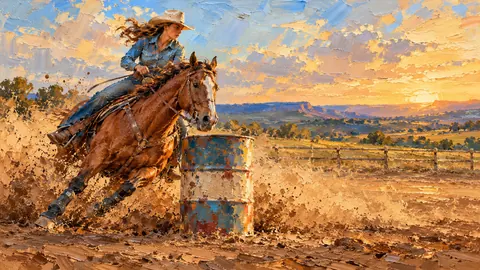 Barrel racer kicking up dust – expressive palette-knife painting Frame TV art