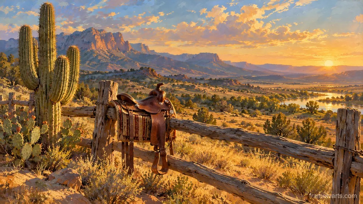 Saddle on a weathered fence beside a cactus – classic western oil painting Samsung Frame TV art, 4K