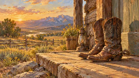 Cowboy boots and spurs by a cabin door – tonal oil painting Frame TV art