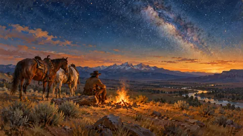 Campfire on the open range under stars – atmospheric oil painting Frame TV art
