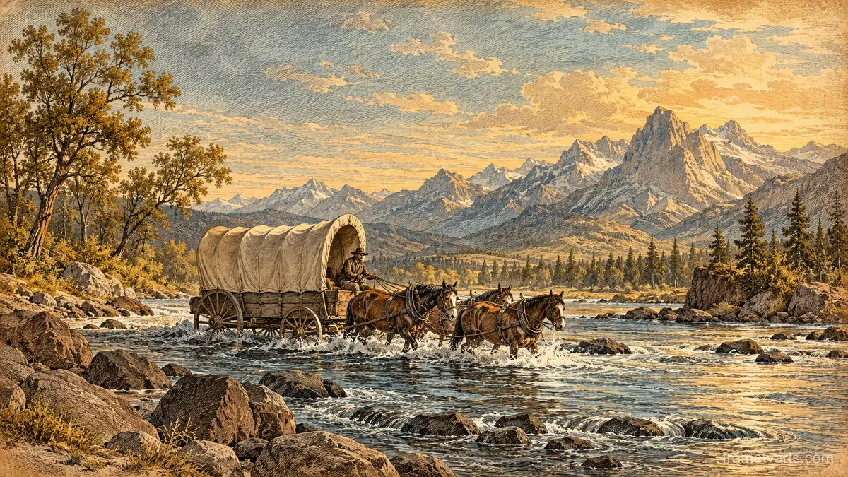 Covered wagon crossing a river – vintage plate engraving Samsung Frame TV art, 4K