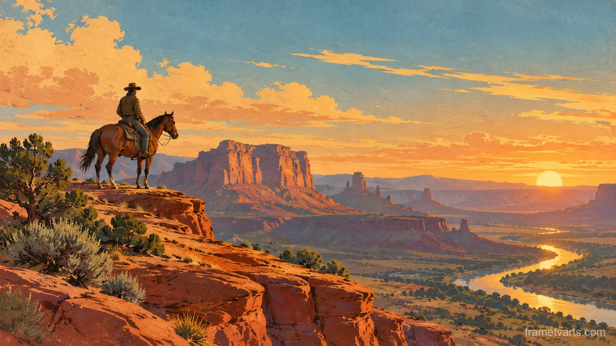 Red-rock mesa at dusk with a lone rider – vintage travel poster illustration Samsung Frame TV art, 4K